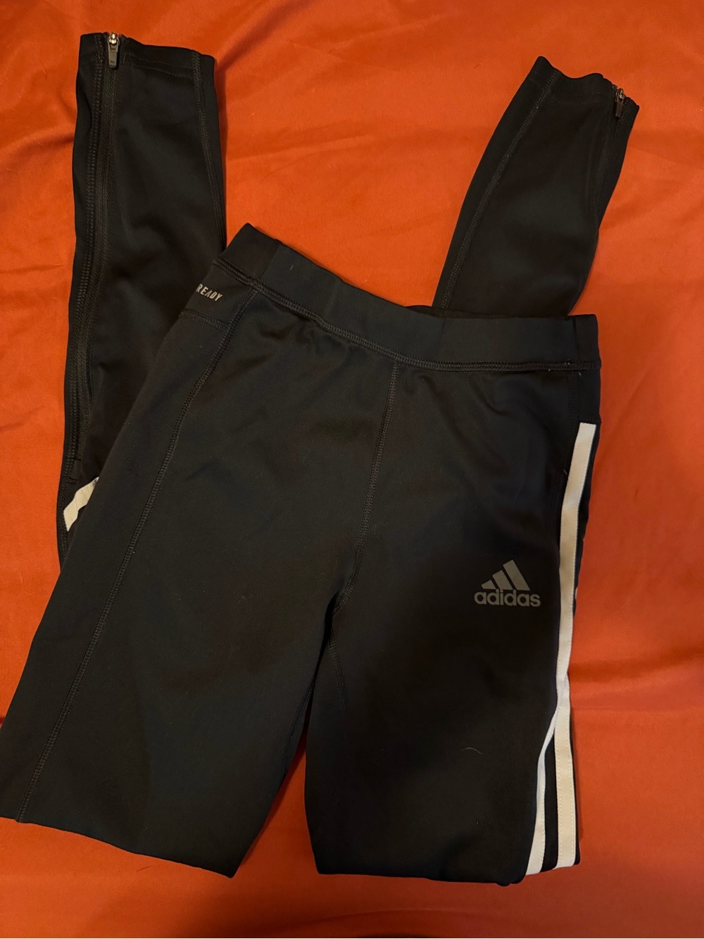 adidas Black Leggings with White Side Stripes and Ankle Zippers